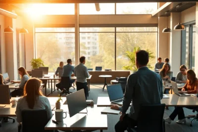 16 habitos trabajo personas exitosas reflejados en una oficina moderna con profesionales trabajando.