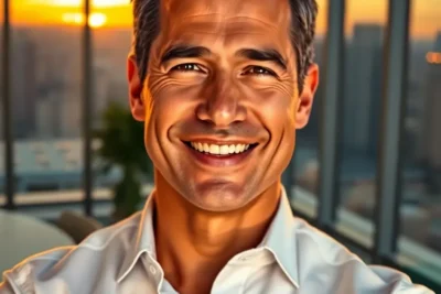 Ejecutivo sonriente en oficina con vistas al atardecer representando 20 habitos personas exitosas