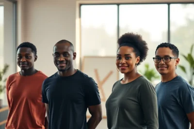 Grupo de cuatro personas sonrientes en un espacio luminoso que representan 4 habilidades clave de una persona con inteligencia emocional.
