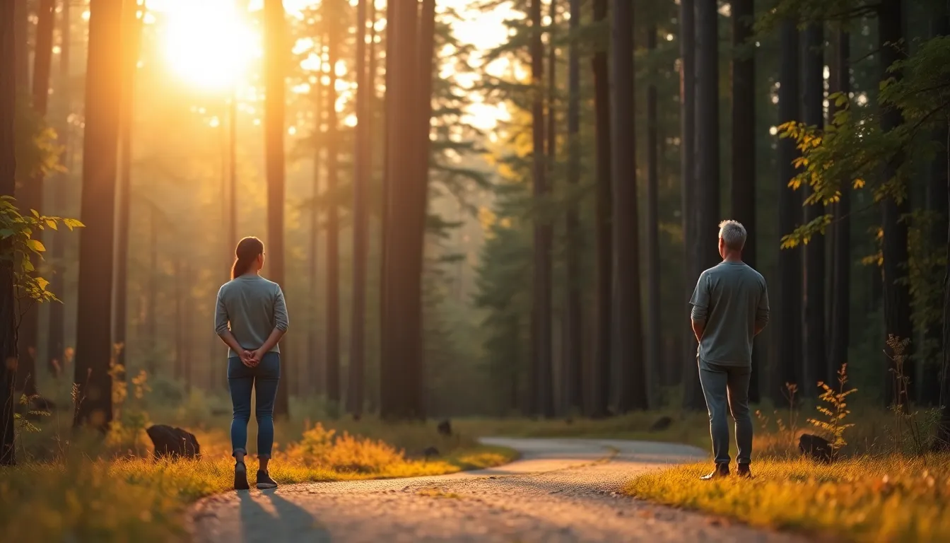 Dos personas reflexionando en el bosque al atardecer con 4 pasos inteligencia emocional