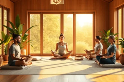 Personas practicando 5 ejercicios mindfulness bienestar emocional en sala con luz natural