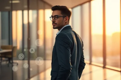 Hombre en oficina, 50 claves desarrollo marca personal con luz de atardecer