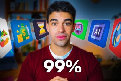 Hombre joven frente a cámara con iconos flotantes de hábitos, dinero, tiempo y tecnología y texto 99% sobre Cómo aprender a ser más productivo.