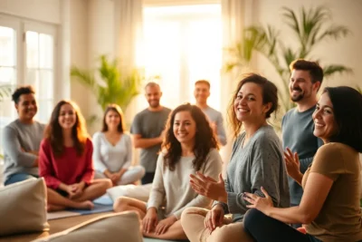 Grupo realizando actividades ejercicios mejorar autoestima en sala iluminada.