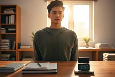 Joven en escritorio contemplando cómo administrar tiempo estudiar mejor