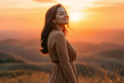 Mujer feliz frente al atardecer experimentando aumentar autoestima seguridad