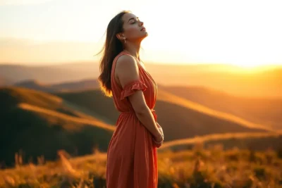 Mujer de pie con vestido naranja al atardecer en colinas doradas, respirando paz y reflejando cómo aumentar la autoestima y seguridad en uno mismo eficazmente.
