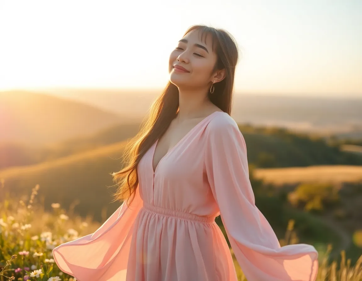 Mujer sonriente en atardecer campestre para aumentar mi autoestima amor propio.