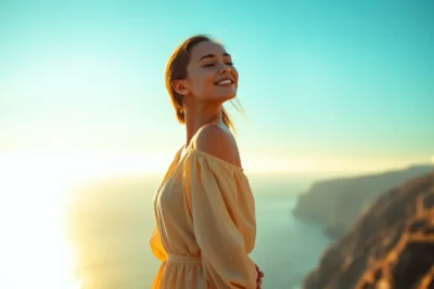 Mujer sonriente al borde del mar al aumentar mi autoestima después de la infidelidad.