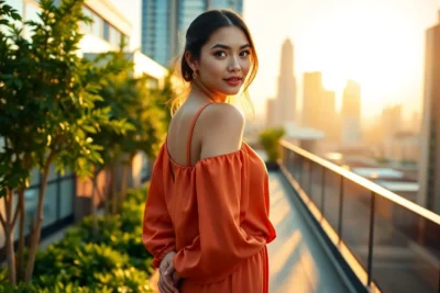 Elegante mujer en la ciudad al atardecer, aumentar mi autoestima seguridad mujer