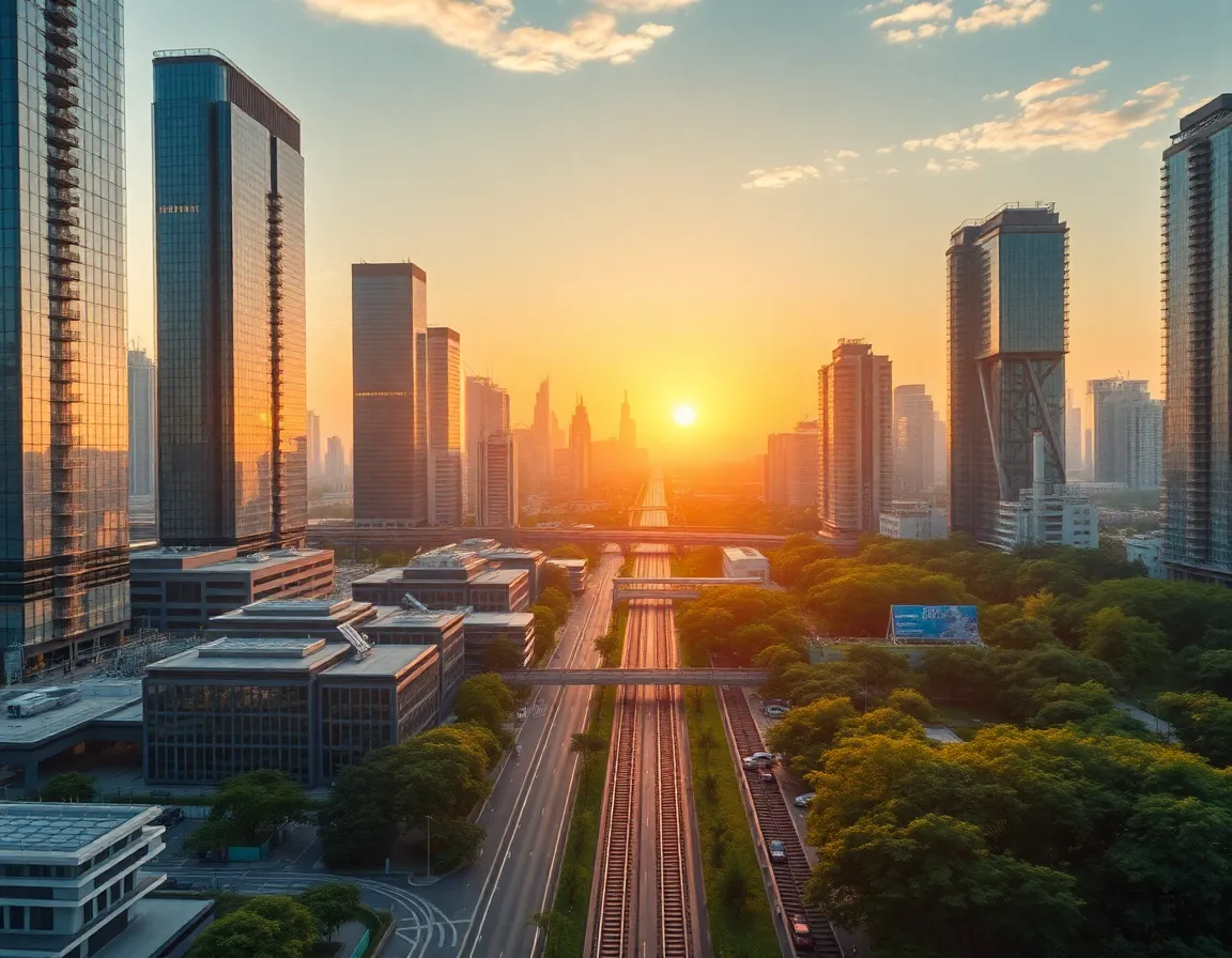 Aumentar productividad país con diseño urbano moderno al amanecer