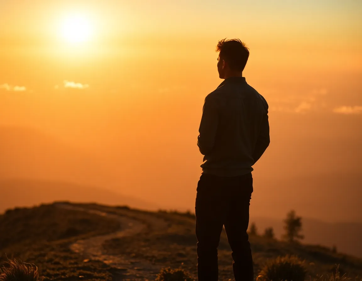 Hombre contemplando el atardecer en la montaña como claves mejorar tu desarrollo personal