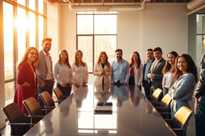 Claves motivar equipo trabajo alrededor de una mesa en una reunión iluminada por el sol.