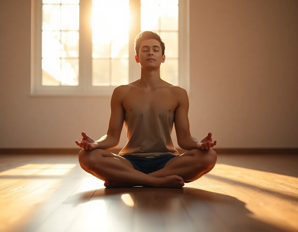 Hombre meditando para concentrarse dejar pensar serenamente.