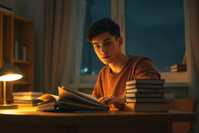 Joven concentrado en estudiar durante la noche, iluminado por una lámpara.
