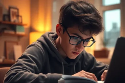 Joven concentrado estudiando rápidamente con laptop y libros