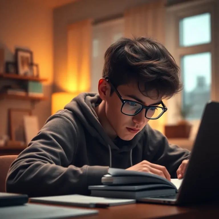 Joven concentrado estudiando rápidamente con laptop y libros