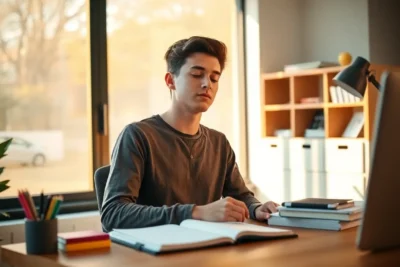 Joven concentrado en estudiar en casa, TDAH