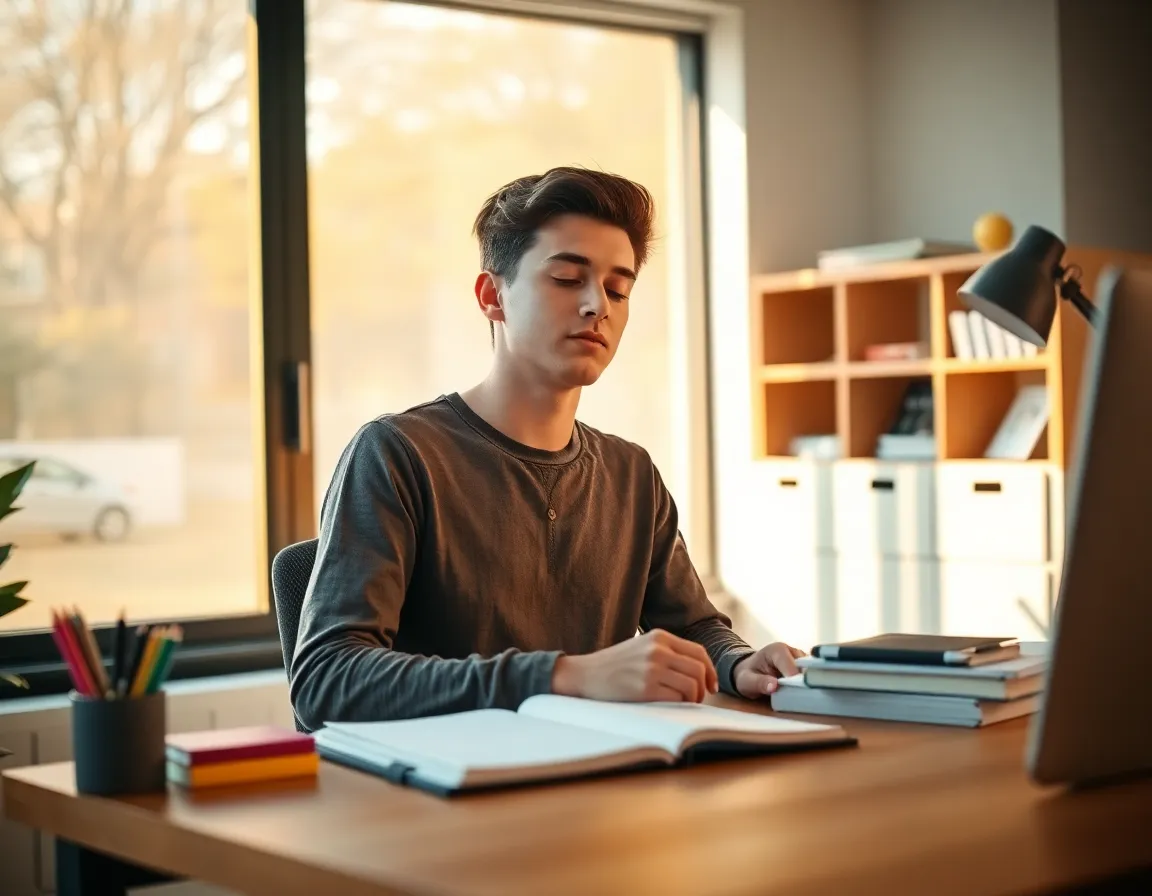 Joven concentrado en estudiar en casa, TDAH