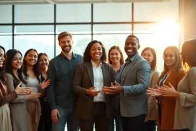 Grupo diverso de profesionales construyendo confianza equipo mientras sonríen juntos