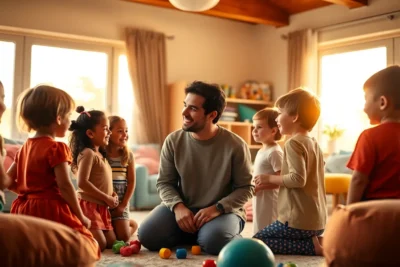 Grupo de niños y un adulto participando en una actividad para construir confianza niños en un ambiente cálido