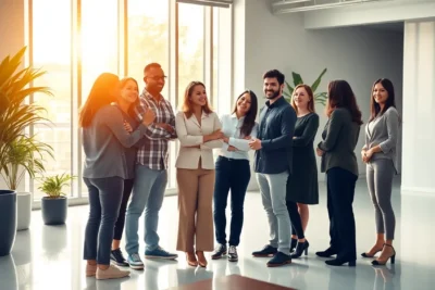 Grupo diverso de personas conversando para construir confianza nuestro equipo