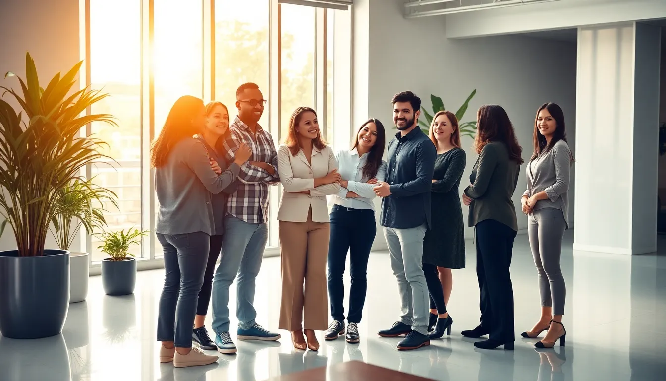 Grupo diverso de personas conversando para construir confianza nuestro equipo