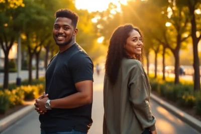 Dos personas sonrientes que simbolizan construir confianza respeto mutuo al aire libre.