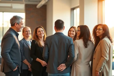 Grupo de personas en oficina fomentando la confianza entre colegas y jefes