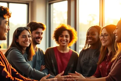 Grupo sonriente que ilustra cómo la inteligencia emocional contribuye al desarrollo de habilidades sociales.