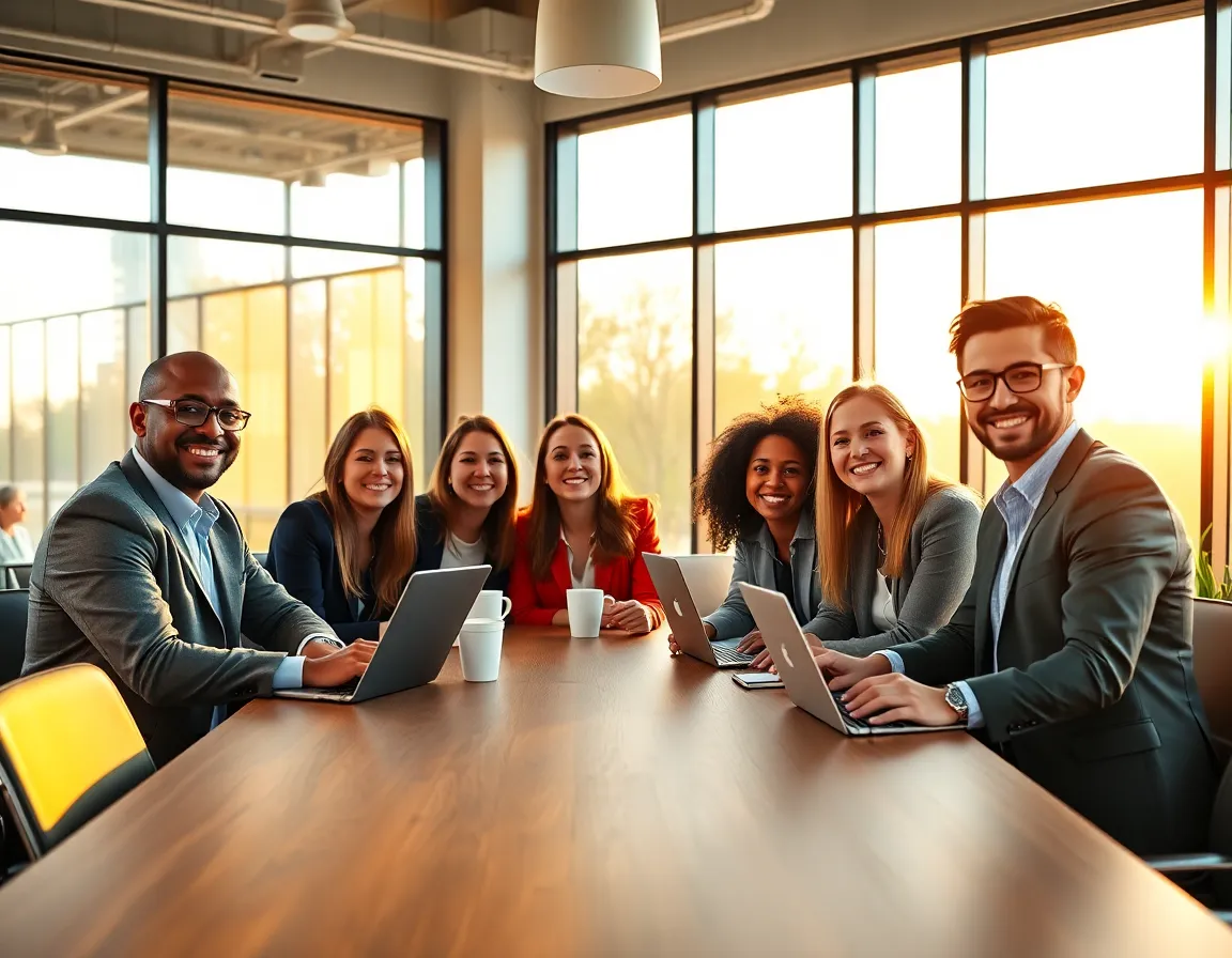 Grupo diverso de personas trabajando juntas para crear ambiente confianza trabajo en oficina iluminada.