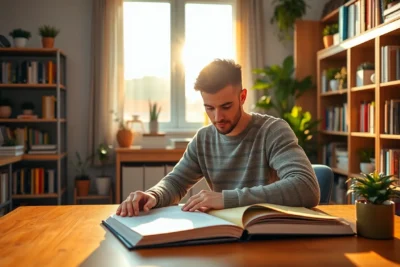 Hombre concentrado leyendo en estudio iluminado para crear hábitos estudio adultos