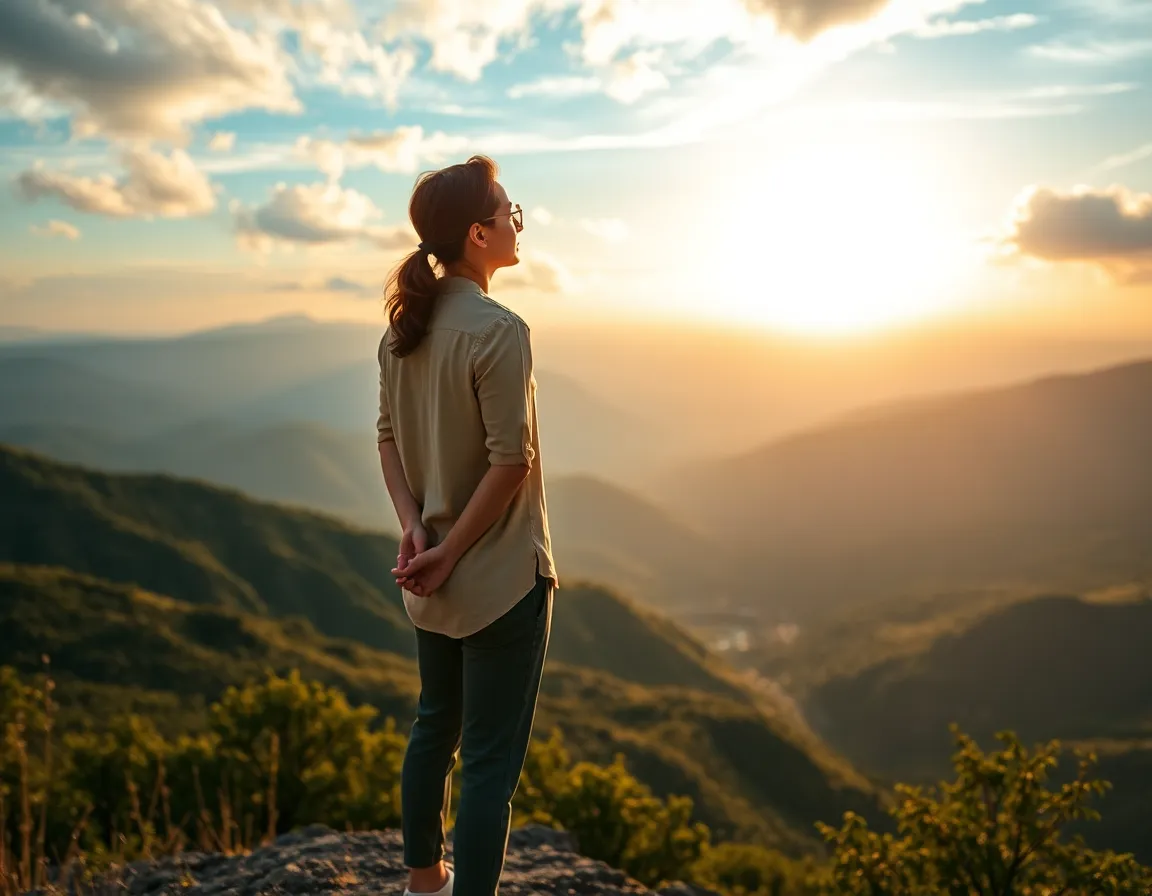 Persona de pie en una cima mirando el amanecer sobre montañas, simboliza crecimiento personal transformar tu vida 6 pasos.