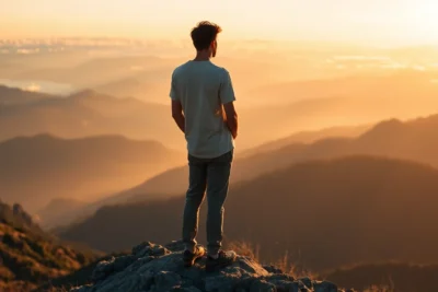 Explorador sobre montaña al amanecer reflejando cuáles son claves desarrollo personal