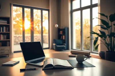 Espacio de trabajo iluminado ejemplificando cuales son habitos millonarios