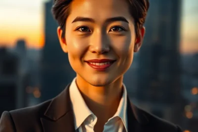 Retrato de persona profesional sonriente al atardecer que evoca cuales son habitos personas exitosas