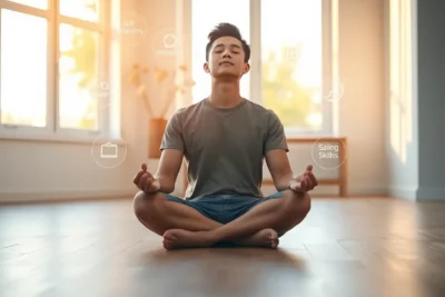 Hombre meditando en casa incorporando pasos para desarrollar inteligencia emocional.