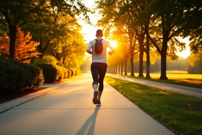 Persona corriendo al amanecer pensando cuantos pasos dar día estar saludable.