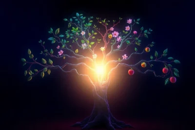 Ilustración de árbol con luz simbolizando las cuatro ramas de la inteligencia emocional para transformar tu vida