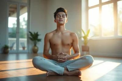 Joven meditando en casa para desarrollar buena inteligencia emocional.