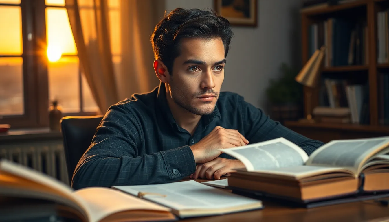 Cómo desarrollar la personalidad de un personaje que cautive al lector, hombre pensando con libros