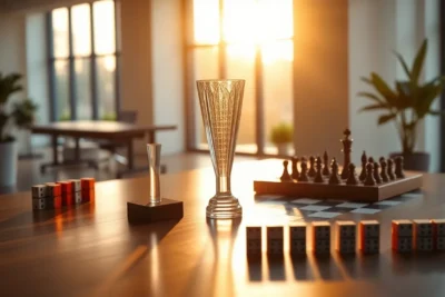 Diferencia objetivos estrategias acciones representada con piezas de ajedrez y cubos.