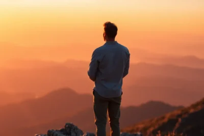 Hombre contemplando el atardecer simboliza dos claves autoliderazgo han ayudado su desarrollo personal