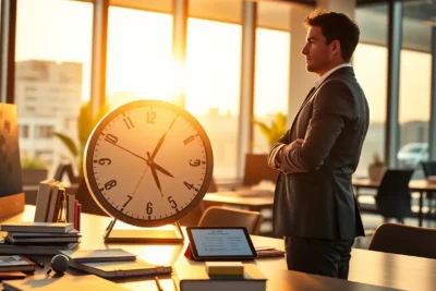 Ejemplos gestión tiempo urgente importante en oficina al atardecer.