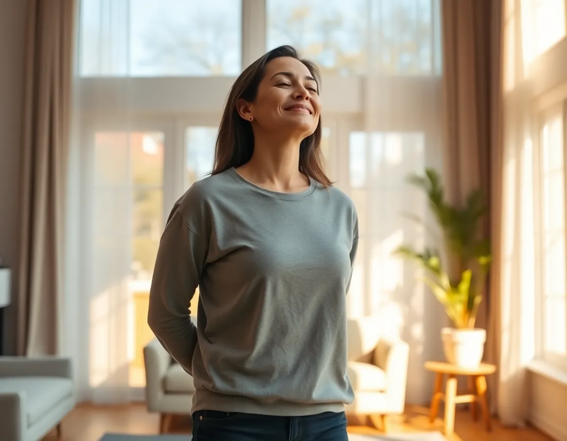 Mujer practicando ejercicios autoestima adultos en casa con satisfacción.