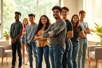 Grupo participando en ejercicios fortalecer autoestima adolescentes en ambiente positivo.