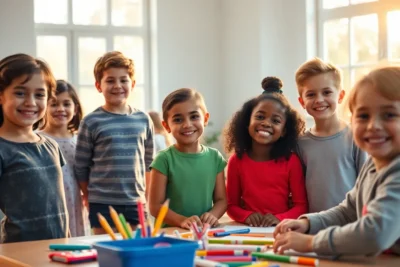 Grupo de niños sonrientes realizando ejercicios fortalecer autoestima ninos