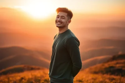 Persona disfrutando del atardecer mientras realiza ejercicios ganar confianza uno mismo.