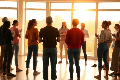 Personas realizando ejercicios en grupo para mejorar autoestima en un salón con luz natural