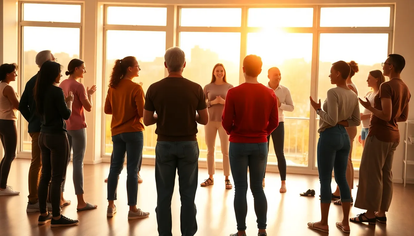 Personas realizando ejercicios en grupo para mejorar autoestima en un salón con luz natural